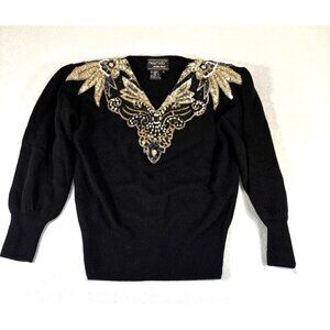 VTG Maurada Lambswool Angora Rabbit Hair Blend Sequin Sweater Black Gold Silver